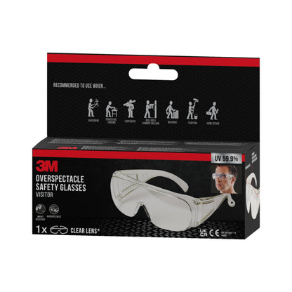 Pudełko okularów ochronnych 3M™ Visitor z przezroczystymi soczewkami od 3M Deutschland GmbH zawiera symbole ogrodnictwa, szlifowania, chemikaliów i malowania. Na opakowaniu podano ochronę UV wynoszącą 99,9%.