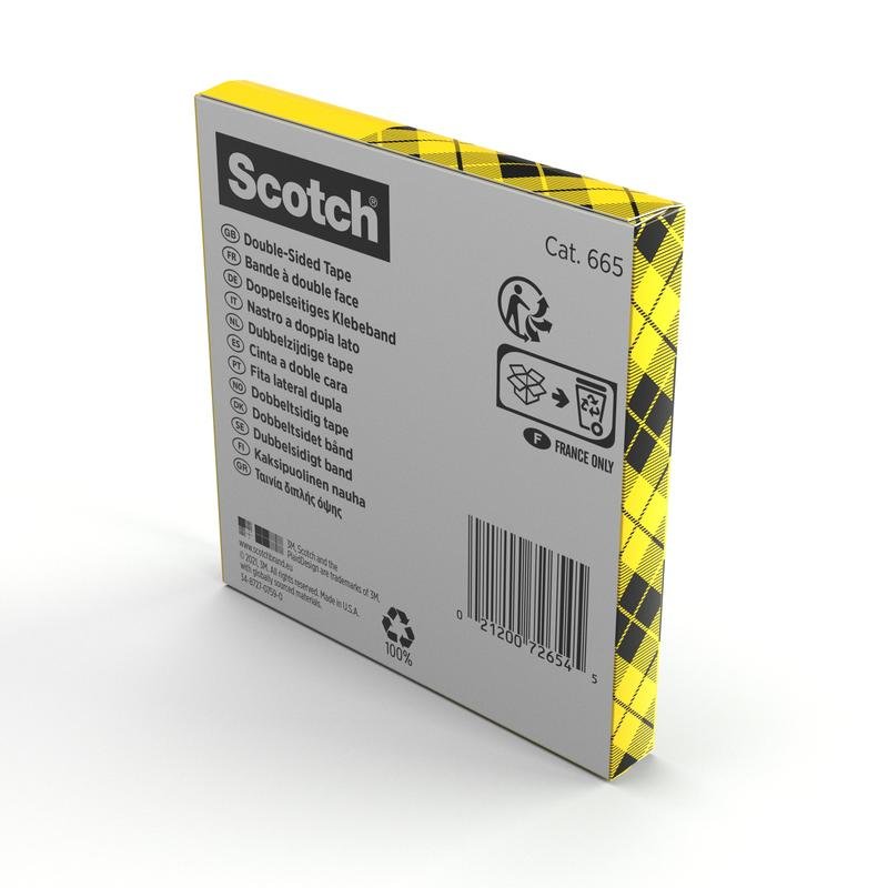 Opakowanie dwustronnej taśmy klejącej Scotch® od 3M Deutschland GmbH (1 rolka, 12 mm x 33 m) pokazuje na odwrocie informacje w różnych językach, kod kreskowy i symbole recyklingu. Opakowanie ma żółto-czarny wzór w kratkę.