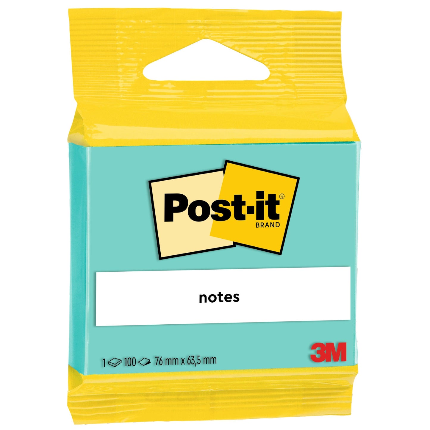 Opakowanie karteczek samoprzylepnych 3M Post-it® Notes (63,5 mm x 76 mm, 100 arkuszy/blok, 100% PEFC) od 3M Deutschland GmbH prezentuje żółtą górę, turkusowy korpus, logo Post-it, napis "Notes" oraz informacje o produkcie, takie jak rozmiar i ilość.