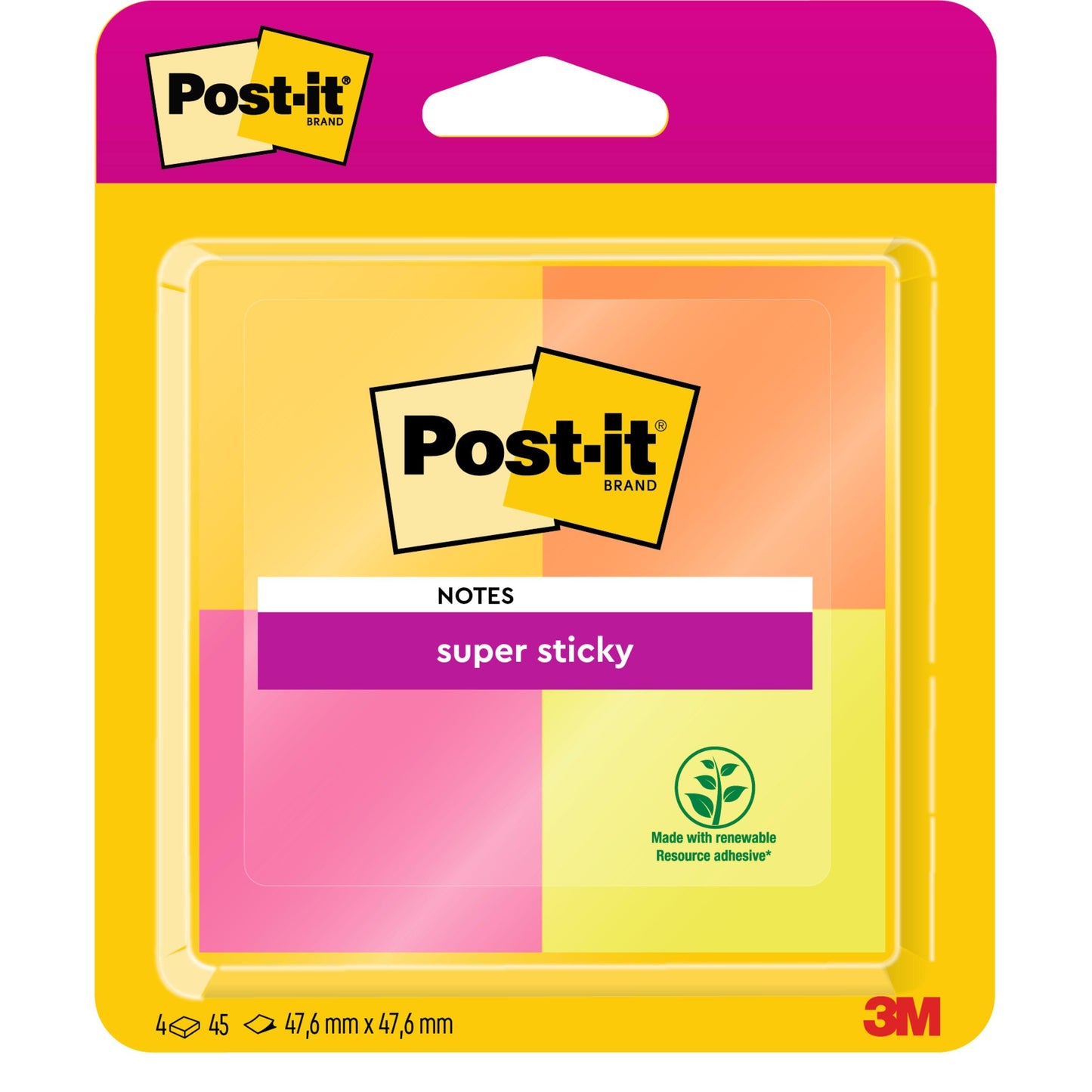 Opakowanie Post-It® Super Sticky Notes od 3M Deutschland GmbH, certyfikowane przez PEFC, w różnych kolorach, 4 bloki po 45 arkuszy (47,6 mm x 47,6 mm), wykonane z odnawialnego kleju.
