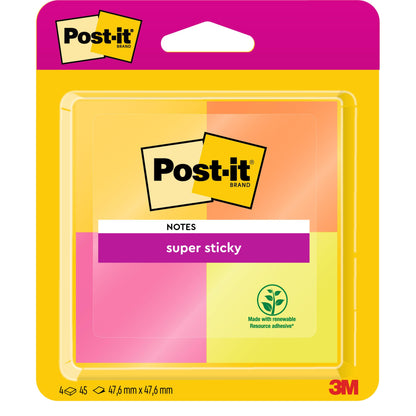 Opakowanie Post-It® Super Sticky Notes od 3M Deutschland GmbH, certyfikowane przez PEFC, w różnych kolorach, 4 bloki po 45 arkuszy (47,6 mm x 47,6 mm), wykonane z odnawialnego kleju.