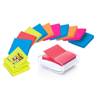 Pokazana jest zakrzywiona linia kolorowych bloków notatek samoprzylepnych i czarny dyspenser Post-it® Z-Notes z żółtymi Super Sticky Z-Notes (76x76 mm, 90 arkuszy) firmy 3M Deutschland GmbH.