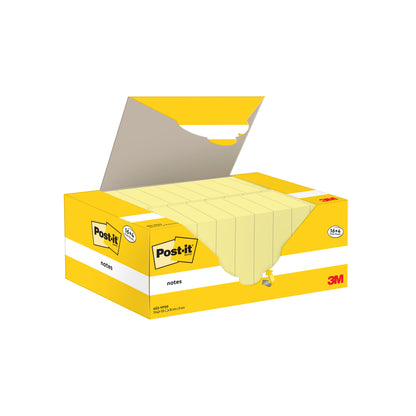 Żółte opakowanie promocyjne karteczek Post-it® od 3M Deutschland GmbH, rozmiar 38 x 51 mm, zawiera 16 bloków plus 4 gratis (100 kartek/blok), pokrywa otwarta, aby pokazać kilka żółtych karteczek; certyfikowane PEFC (SGSCH-PEFC-COC-110078).