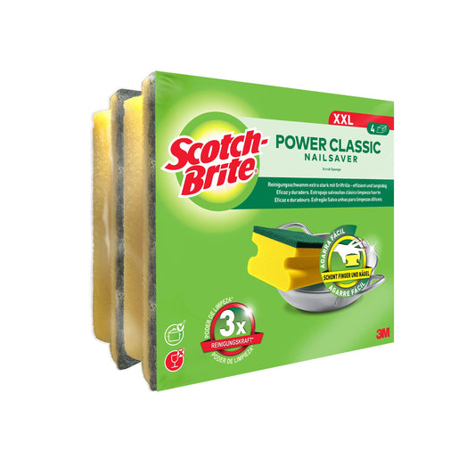 Die 3M Deutschland GmbH Scotch-Brite® Classic Griffschwamm XL, 4 Stück pro Packung, enthalten gelbe Schwämme mit dunkler grüner Scheuerseite in grüner Verpackung mit Produktbildern und mehrsprachigem Text.