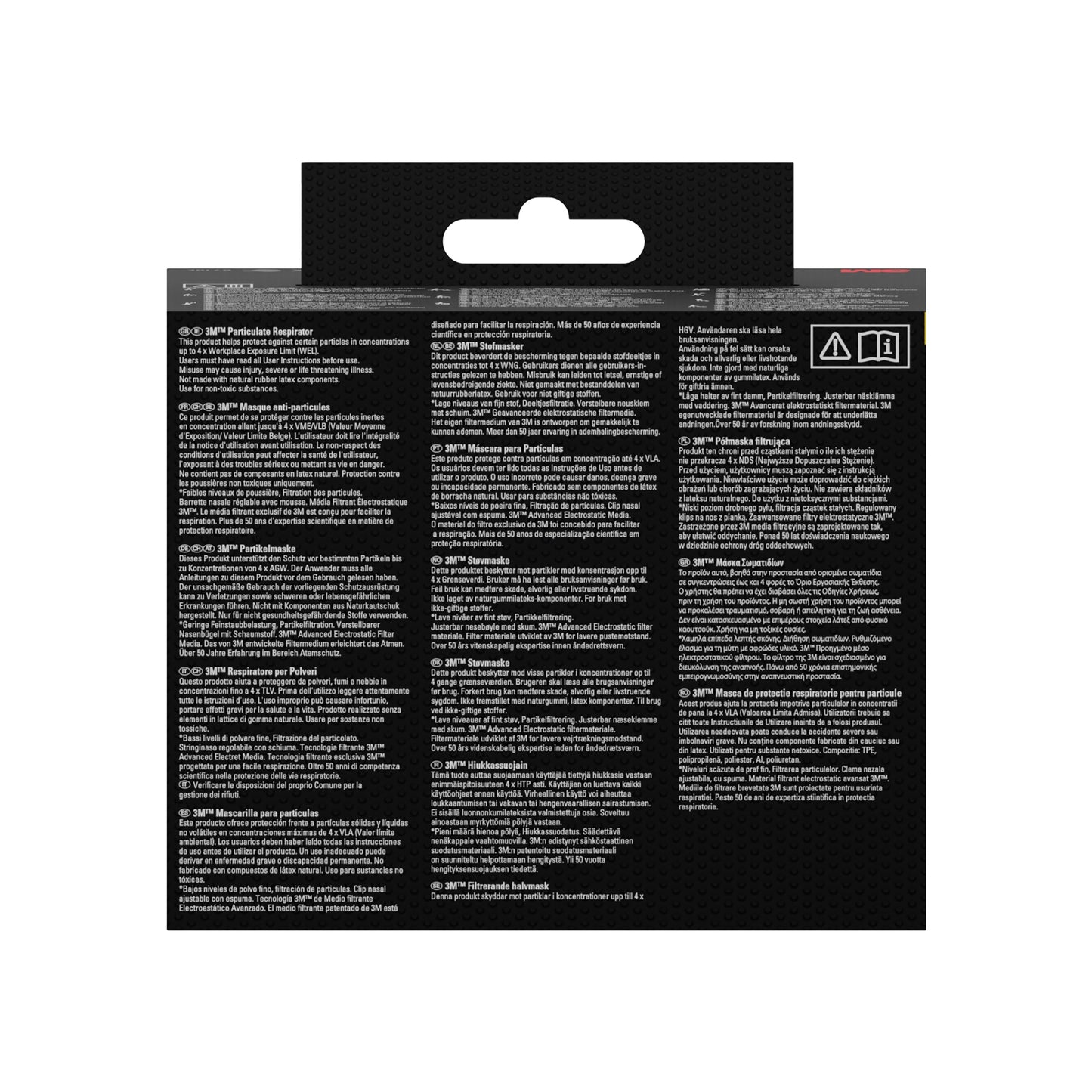 Opakowanie produktu maski ochronnej 3M™ Quick Latch 6502QLKIT-1 (A2P3, do oparów organicznych) firmy 3M Deutschland GmbH pokazuje wielojęzyczne wskazówki oraz ikony do użycia z wymiennymi filtrami na czarnym tle z haczykiem do zawieszenia.