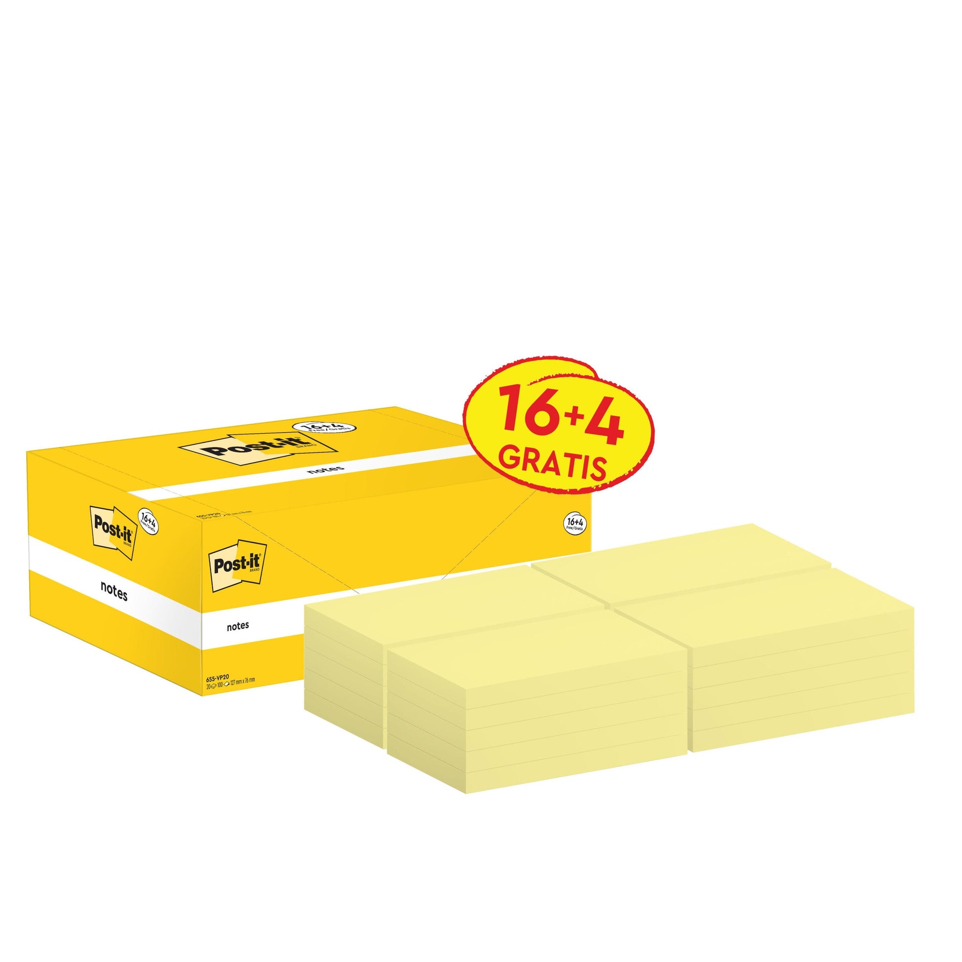 Eine Post-it® Notes Aktionspackung der 3M Deutschland GmbH enthält 16 gelbe Blöcke (76 x 127 mm, je 100 Blatt) plus 4 kostenlose Blöcke (16+4 GRATIS), insgesamt 20 Blöcke pro Packung, alle PEFC-zertifiziert.