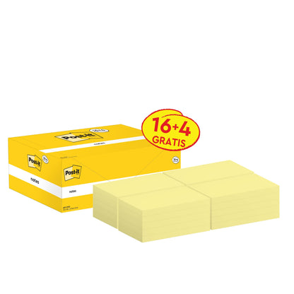 Żółte pudełko karteczek Post-it® Notes (76mm x 127mm, 100 kartek/blok) od 3M, zawiera 16 bloków plus 4 gratis. Etykieta "16+4 GRATIS" czyni ten certyfikowany przez PEFC artykuł biurowy cennym dodatkiem do każdego miejsca pracy.