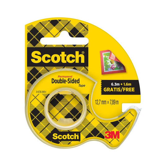 Opakowanie taśmy dwustronnej Scotch® od 3M Deutschland GmbH (12,7 mm x 7,89 m) z 25% gratis i żółtym podajnikiem ręcznym, nadające się do użycia na papierze. Zawiera 1 rolkę.