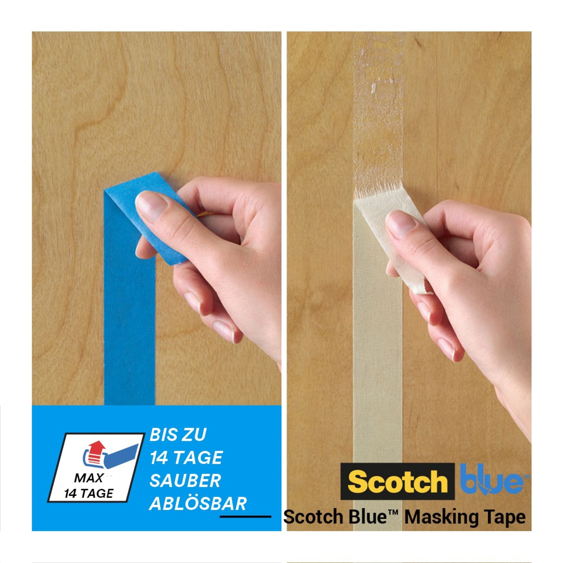 Eine Hand schält ScotchBlue™ Malerabdeckband "Multi-Surface" von 3M Deutschland GmbH von Holz (links) und einem beigen Klebeband (rechts) ab. ScotchBlue™ hinterlässt keine Rückstände, während das beigefarbene Band weiße Rückstände hinterlässt. Text und Logos sind unten abgebildet.