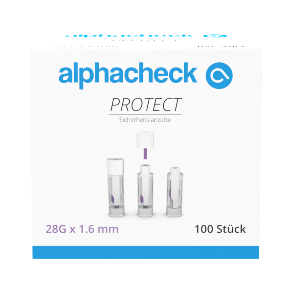 Eine Schachtel mit der Aufschrift „alphacheck PROTECT“ der Berger Med GmbH enthält 100 Alphacheck PROTECT Sicherheitslanzetten (28G x 1,6 mm) zur schmerzarmen Blutentnahme. Die Vorderseite zeigt drei Lanzetten mit Text in Deutsch und Englisch.