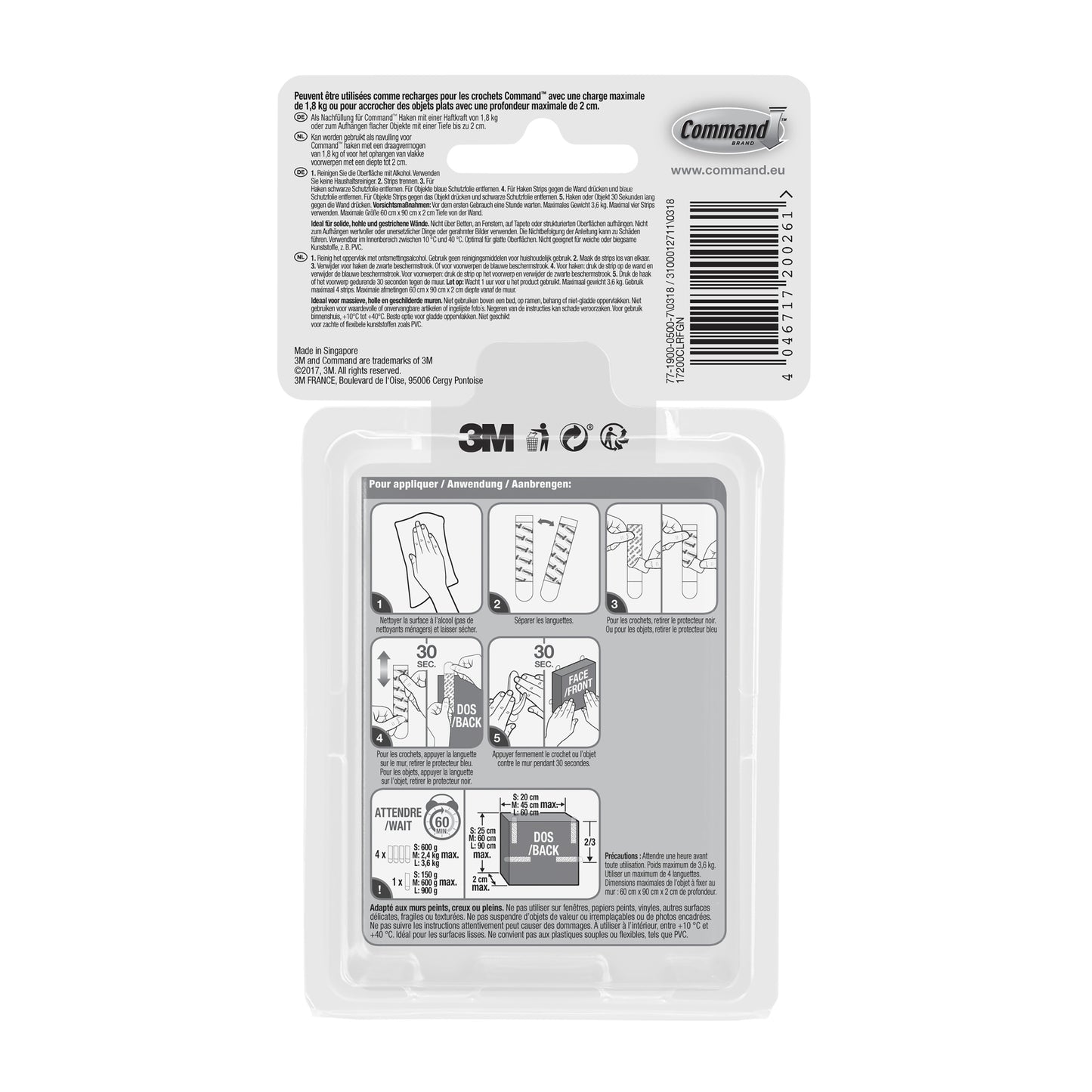 Die Rückseite eines 3M Deutschland GmbH Multipack Command™ Strips, transparent 17200CLR, zeigt eine bebilderte Anleitung zum Anbringen und Entfernen der Streifen, Produktinformationen, Warnhinweise und einen Barcode für spurlose Wandbefestigung.