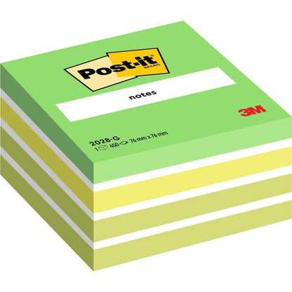 Stos zielonych i żółtych karteczek samoprzylepnych Post-it® Notes (76 mm x 76 mm, 450 arkuszy/blok, 100% PEFC) firmy 3M Deutschland GmbH, z logo Post-it i informacjami o produkcie na opakowaniu.