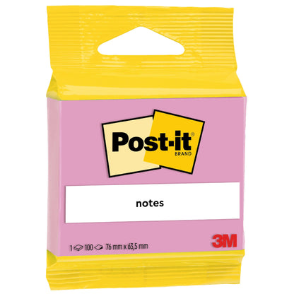 Opakowanie karteczek samoprzylepnych 3M Post-it® Notes (63,5 x 76 mm, 100 arkuszy) od 3M Deutschland GmbH, 100% certyfikowane PEFC, z żółtą górą, różowym przodem, napisem "notes" i "Haftnotizen" na etykiecie oraz czerwonym logo 3M w prawym dolnym rogu.