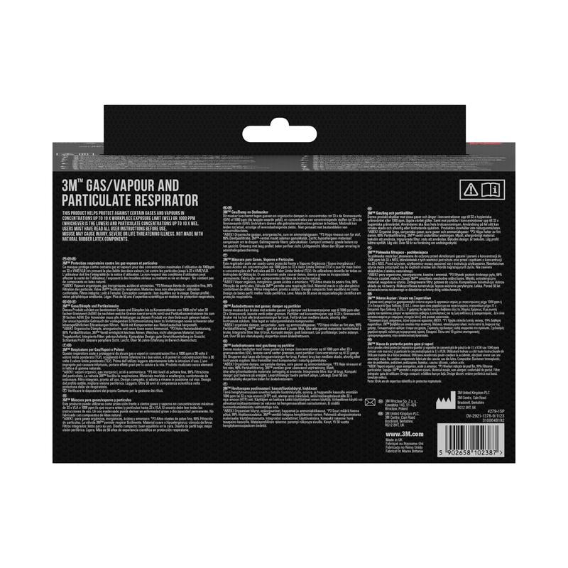 Tył maski ochronnej 3M™ z zintegrowanymi filtrami od 3M Deutschland GmbH zawiera informacje o produkcie, instrukcje i ostrzeżenia w kilku językach na czarnym tle z białym tekstem oraz kod kreskowy w prawym dolnym rogu.