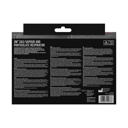 Tył maski ochronnej 3M™ z zintegrowanymi filtrami od 3M Deutschland GmbH zawiera informacje o produkcie, instrukcje i ostrzeżenia w kilku językach na czarnym tle z białym tekstem oraz kod kreskowy w prawym dolnym rogu.