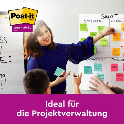 Kobieta wskazuje na tablicę SWOT z kolorowymi karteczkami samoprzylepnymi, podczas gdy grupa dyskutuje; widoczne jest logo Post-it® Super Sticky Notes i napis "Idealne do zarządzania projektami".