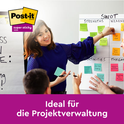 Kobieta prezentuje analizę SWOT z Post-it® Super Sticky Z-Notes, Niebieski (76 mm x 76 mm), z dyspensera Post-it® Z-Notes, Miś, Biały od 3M Deutschland GmbH. Idealne do zarządzania projektami. Opakowanie z 2 blokami po 45 kartek.