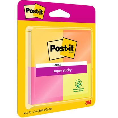 4-pak Post-It® Super Sticky Notes od 3M Deutschland GmbH, w różnych kolorach, 47,6 x 47,6 mm, 45 arkuszy na blok; wykonane z odnawialnego kleju i certyfikowane w 100% przez PEFC SGSCH-PEFC-COC-110078 dla zrównoważonego rozwoju.