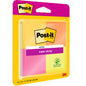 4-pak Post-It® Super Sticky Notes od 3M Deutschland GmbH, w różnych kolorach, 47,6 x 47,6 mm, 45 arkuszy na blok; wykonane z odnawialnego kleju i certyfikowane w 100% przez PEFC SGSCH-PEFC-COC-110078 dla zrównoważonego rozwoju.