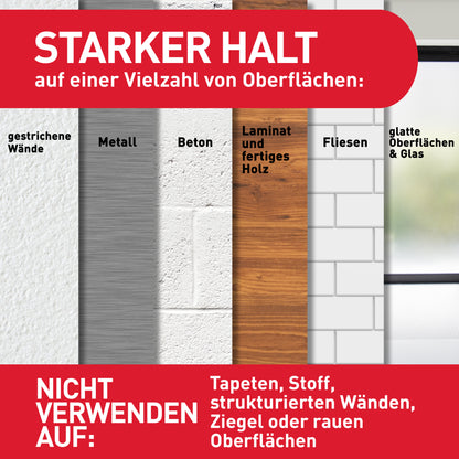 Sechs Oberflächen werden gezeigt: gestrichene Wände, Metall, Beton, Laminat/Holz, Fliesen und Glas. Die 3M Command™ Haken M 17091CLR haften transparent und rückstandsfrei - nicht geeignet für Tapeten, Stoff oder Ziegel.
