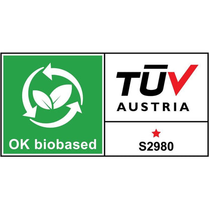 Etykieta "OK biobased" pokazuje zielone liście, okrągłe strzałki i sekcję TÜV AUSTRIA z czerwoną gwiazdą i kodem S2980 - idealna dla ekologicznych produktów takich jak podajnik stołowy Scotch™ w kształcie kota C39 + taśma Magic™ od 3M Deutschland GmbH.