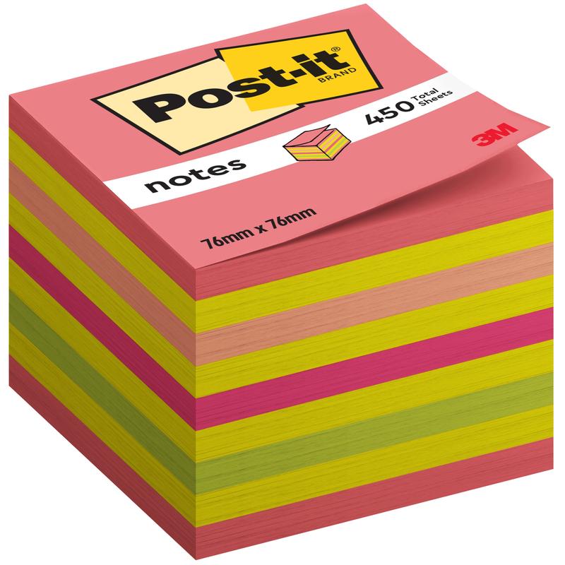 Stos karteczek Post-it® Notes firmy 3M Deutschland GmbH, 76 x 76 mm, 450 arkuszy na blok, 100% certyfikowanych przez PEFC.