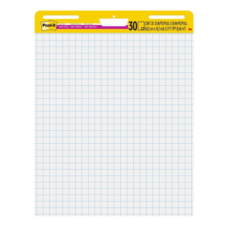 3M Post-it® Super Sticky Meeting Chart 560 składa się z białego papieru kratkowanego (63,5 x 76,2 cm), 30 arkuszy na blok, idealny do notatek lub tabel. Zawiera niebieskie kwadraty, samoprzylepne arkusze - idealne na spotkania i prezentacje.