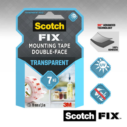 Przezroczysta dwustronna taśma montażowa Scotch-FIX™ 4910C firmy 3M Deutschland GmbH wytrzymuje do 7 kg, ma wymiary 19 mm x 1,5 m i jest oznaczona na opakowaniu symbolami odporności na UV, zaawansowanej technologii 3M i silnej siły klejenia.