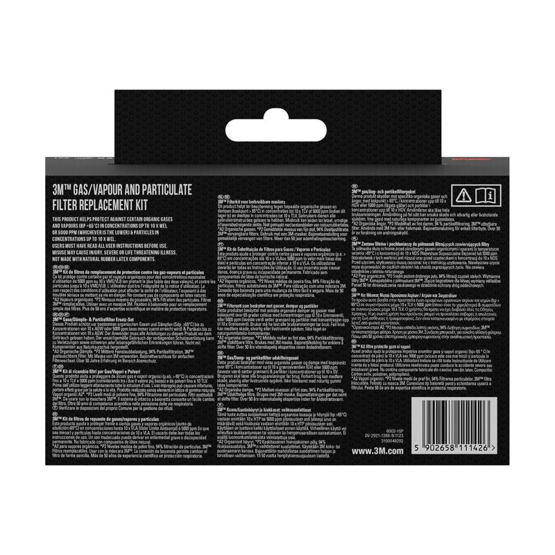 Widok z tyłu zestawu filtrów 3M™ 6002-1, A2P2 opary organiczne (2x6055, 2x5925, 2x501) | Opakowanie (1 sztuka) od 3M Deutschland GmbH, z szczegółami produktu, instrukcjami i ostrzeżeniami dotyczącymi oparów organicznych w kilku językach.