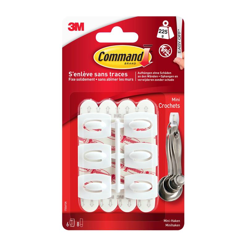 Command™ Mini-wieszak 17006 od 3M Deutschland GmbH zawiera sześć białych wieszaków z paskami klejącymi do bezuszkodzeniowego, bezinwazyjnego zawieszania. Łatwo usuwalne bez pozostawiania śladów; dostarczane w czerwono-białym opakowaniu.