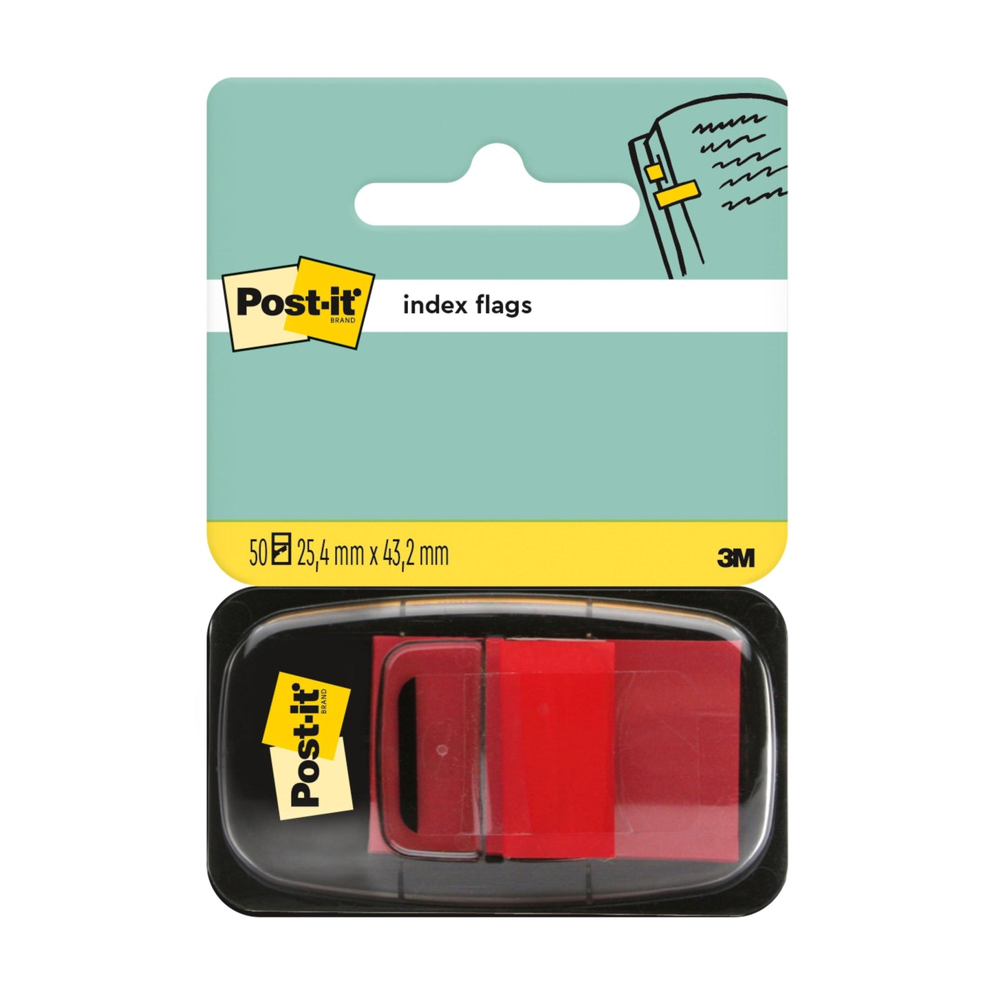 Opakowanie zawierające 50 pasków indeksowych Post-it® (25,4 mm x 43,2 mm) od 3M Deutschland GmbH dostarczane jest w czarnym podajniku z żółtą etykietą i morsko-żółtym tyłem kartonowym.