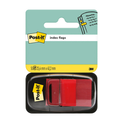 Opakowanie zawierające 50 pasków indeksowych Post-it® (25,4 mm x 43,2 mm) od 3M Deutschland GmbH dostarczane jest w czarnym podajniku z żółtą etykietą i morsko-żółtym tyłem kartonowym.