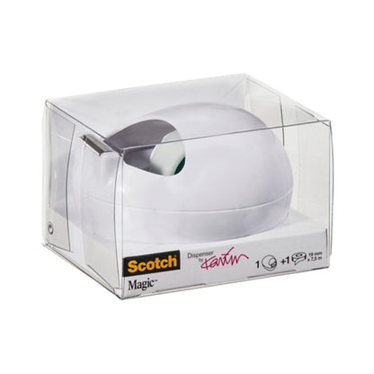 Scotch™ Karim Rashid Tischabroller od 3M Deutschland GmbH znajduje się w przezroczystym opakowaniu z tworzywa sztucznego z białym dozownikiem i etykietą z przodu, na której znajdują się szczegóły dotyczące marki i produktu w czarnym i żółtym kolorze.