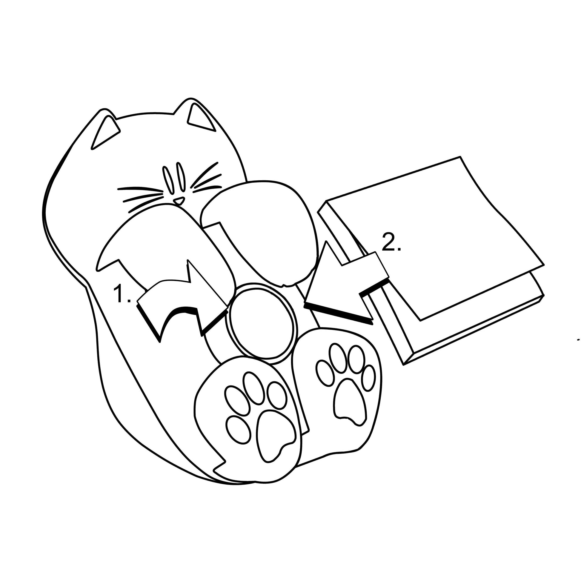 Schwarz-weiße Illustration des Post-it® Z-Notes Dispenser "Katze" von 3M Deutschland GmbH, zeigt die Schritte mit Pfeilen: Post-it® Super Sticky Z-Notes auf den Schoß der Katze legen, dann eine gefaltete Serviette oder ein Tuch darauf legen.