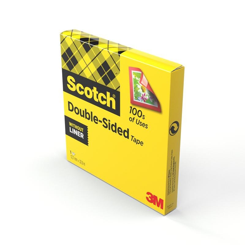 Żółte pudełko z dwustronną taśmą klejącą Scotch® (1 rolka, 12 mm x 33 m) od 3M Deutschland GmbH jest ozdobione czarnym napisem, wzorem w kratkę, ilustracją montażu i wskazówkami "100s of Uses" oraz "Without Liner".