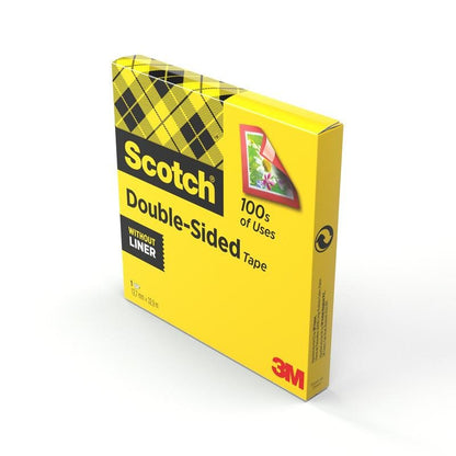 Żółte pudełko z dwustronną taśmą klejącą Scotch® (1 rolka, 12 mm x 33 m) od 3M Deutschland GmbH jest ozdobione czarnym napisem, wzorem w kratkę, ilustracją montażu i wskazówkami "100s of Uses" oraz "Without Liner".