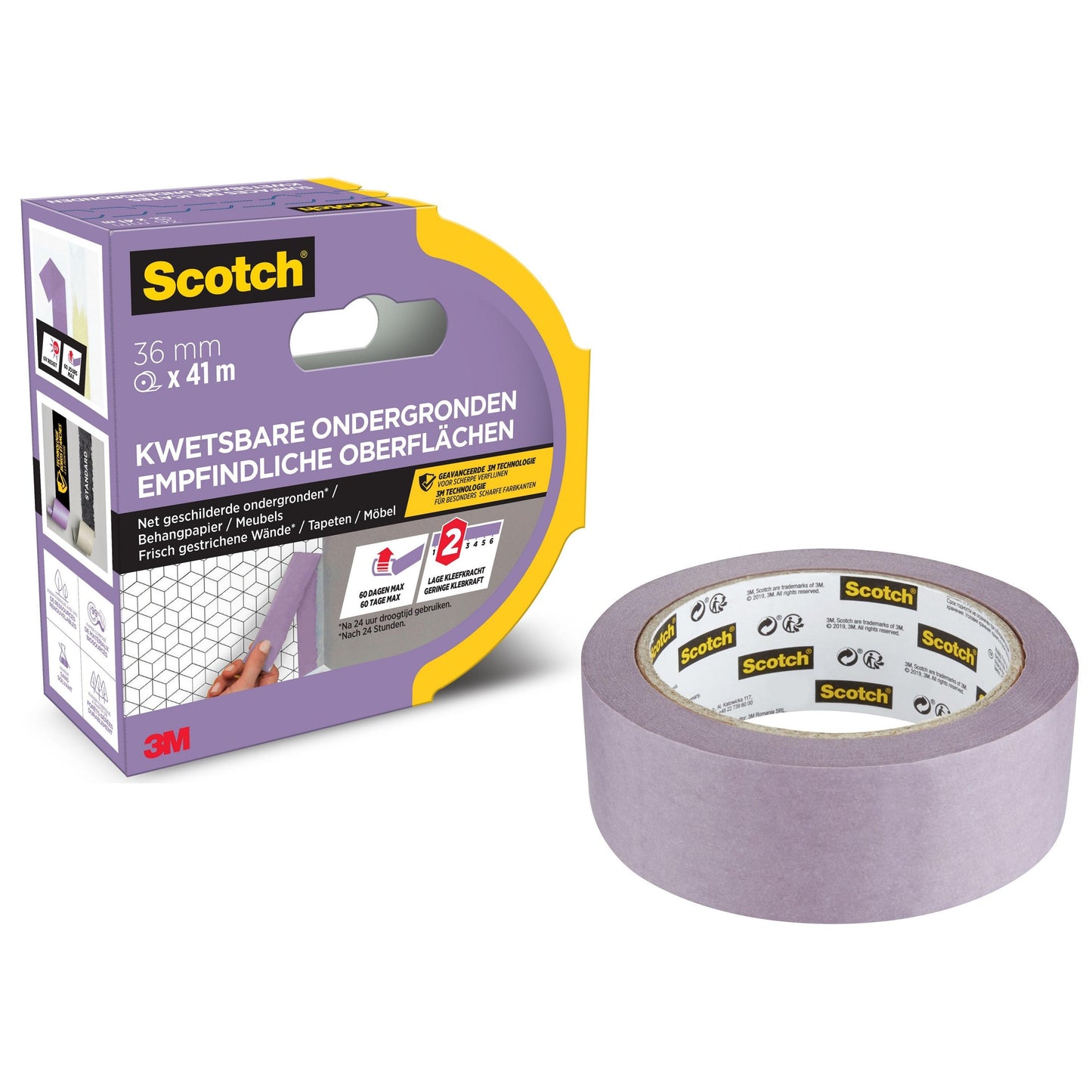 Eine Rolle 3M Scotch® Malerabdeckband für empfindliche Oberflächen (36 mm x 41 m) der 3M Deutschland GmbH liegt in einer lila-gelben Schachtel, beschriftet in Niederländisch und Deutsch. Es ist PEFC-zertifiziert und lässt sich rückstandsfrei entfernen.