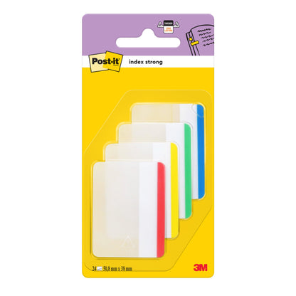 Opakowanie indeksów Post-it® Index Strong Ablagetabs, duże od 3M Deutschland GmbH, z 24 kolorowymi paskami samoprzylepnymi (50,8 mm x 38,1 mm) na dozownik, idealne do organizacji dokumentów, w przezroczystym opakowaniu typu blister z żółtym tłem.