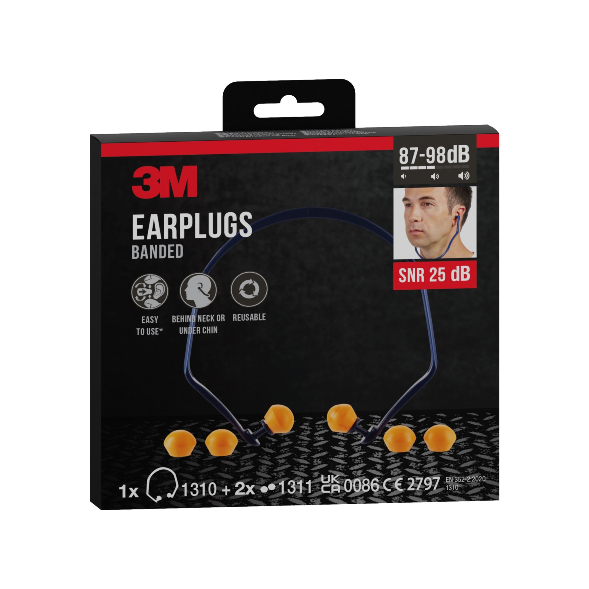 Schwarze 3M-Verpackung für 3M™ Bügelgehörschutz 1310 (SNR 24-25 dB, Orange) mit Foto des Anwenders, Produktinformation und Symbolen für Wiederverwendbarkeit und Anpassung hinter dem Hals oder unter dem Kinn. Inklusive 2 Ersatzstöpsel. Marke: 3M Deutschland GmbH.
