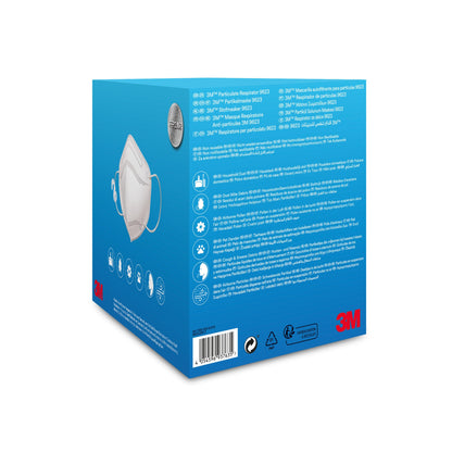 W niebieskim pudełku 3M Deutschland GmbH znajduje się maska cząsteczkowa 3M™ 9623 (1 sztuka, 3/sztuka) do ochrony przed cząstkami, z wielojęzyczną instrukcją i informacjami, a także symbolami recyklingu i kodem kreskowym.