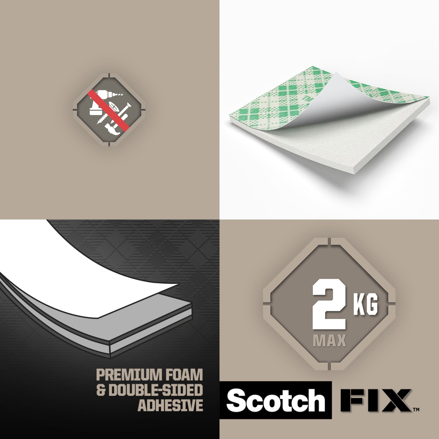 Eine Grafik zeigt ein No-Nails-Symbol, Scotch-FIX™ Doppelseitige Innenmontagequadrate (25 mm x 25 mm, 16 Stück) von 3M Deutschland GmbH, mit starker Klebekraft, "Premium Foam & Double-Sided Adhesive", "2 KG MAX", auf beigem Hintergrund.