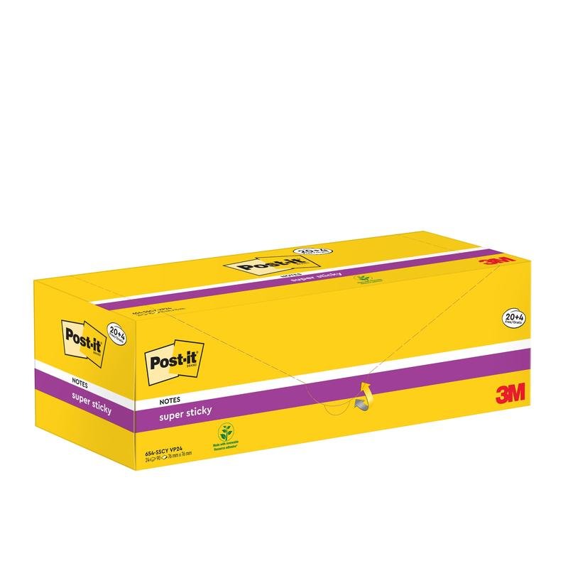 Żółte, prostokątne pudełko z Post-it® Super Sticky Notes (76 mm x 76 mm, 90 arkuszy/blok, 100% PEFC) z 3M Deutschland GmbH pokazuje logo marki, szczegóły produktu, zielony symbol certyfikacji i wskazuje na opakowanie promocyjne.