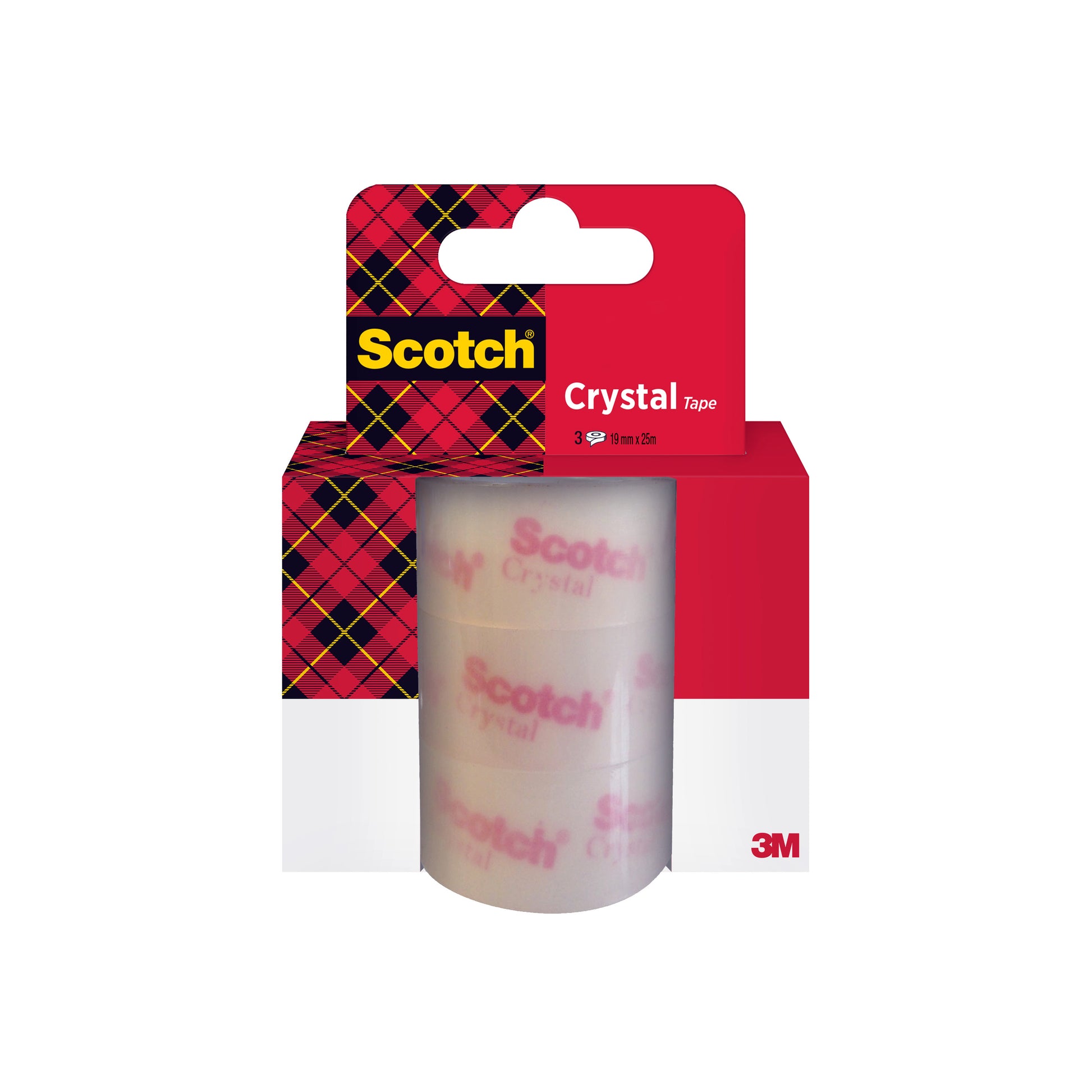Ein 3er-Pack Scotch® Crystal Klebeband 6-1925R3 von 3M Deutschland GmbH, jede Rolle 19 mm x 25 m groß, in einer Nachfüllpackung.