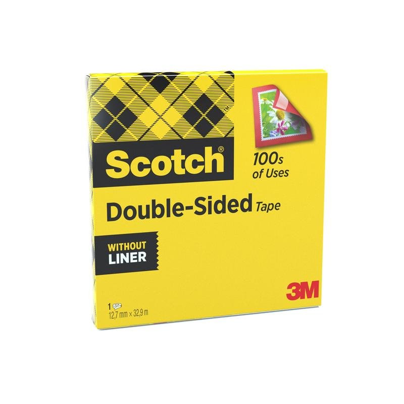 Żółte pudełko dwustronnej taśmy klejącej Scotch® od 3M Deutschland GmbH, 1 rolka (12 mm x 33 m), z wzorem w kratkę, etykietami "100s of Uses", "Without Liner" i ilustracją zaklejania obrazu z kwiatami.