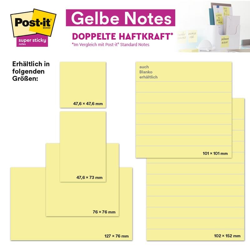 Tabela pokazuje karteczki Post-it® Super Sticky Notes firmy 3M Deutschland GmbH w formacie 76 mm x 76 mm (90 arkuszy na blok). Opakowania produktów i przykłady zastosowań są pokazane w prawym górnym rogu.