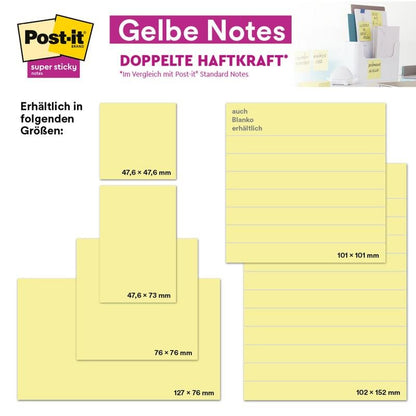 Tabela pokazuje karteczki Post-it® Super Sticky Notes firmy 3M Deutschland GmbH w formacie 76 mm x 76 mm (90 arkuszy na blok). Opakowania produktów i przykłady zastosowań są pokazane w prawym górnym rogu.