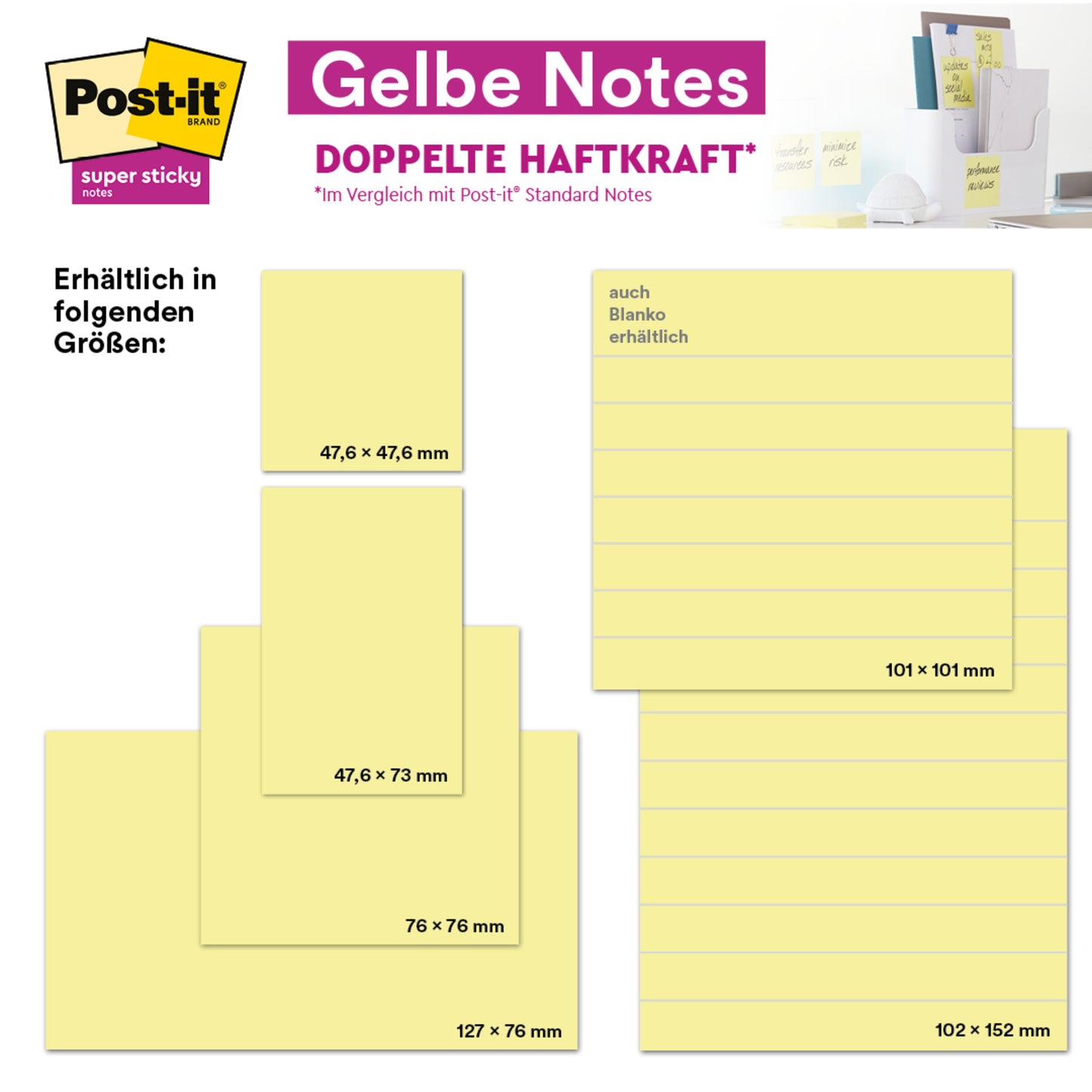 Grafika przedstawia karteczki samoprzylepne Post-it® od 3M Deutschland GmbH w kolorze żółtym (76 x 127 mm, 100 kartek/blok, 18+6 gratis/opakowanie), zapakowane w karton, certyfikowane PEFC (SGSCH-PEFC-COC-110078), dostępne jako pojedyncze opakowanie.