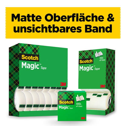 Przedstawiono trzy pudełka promocyjne Scotch® Magic™ Invisible Tape od 3M Deutschland GmbH, nad nimi napis "Matowa powierzchnia i niewidoczna taśma". Zielone opakowania w kratkę zawierają po 24 rolki (19 mm x 33 m).