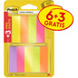 Opakowanie zakładek 3M Deutschland GmbH Post-it® Page Marker, 15x50mm, w różnych kolorach. Każde opakowanie zawiera 6 bloków plus 3 gratis (po 100 kartek), certyfikowane przez PEFC - idealne do oznaczania tekstu i stron. Etykieta promocyjna: "6+3 GRATIS / +3 GRATIS/GRATIS".