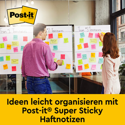 Dwie osoby w nowoczesnym biurze organizują pomysły na samoprzylepnym flipcharcie 3M Deutschland GmbH Post-it® Super Sticky Meeting Chart 559P (63,5x76,2cm, biały) i neonowych notatkach Meeting Notes - idealne do spotkań i burzy mózgów, tekst w języku niemieckim podkreśla łatwość użycia.